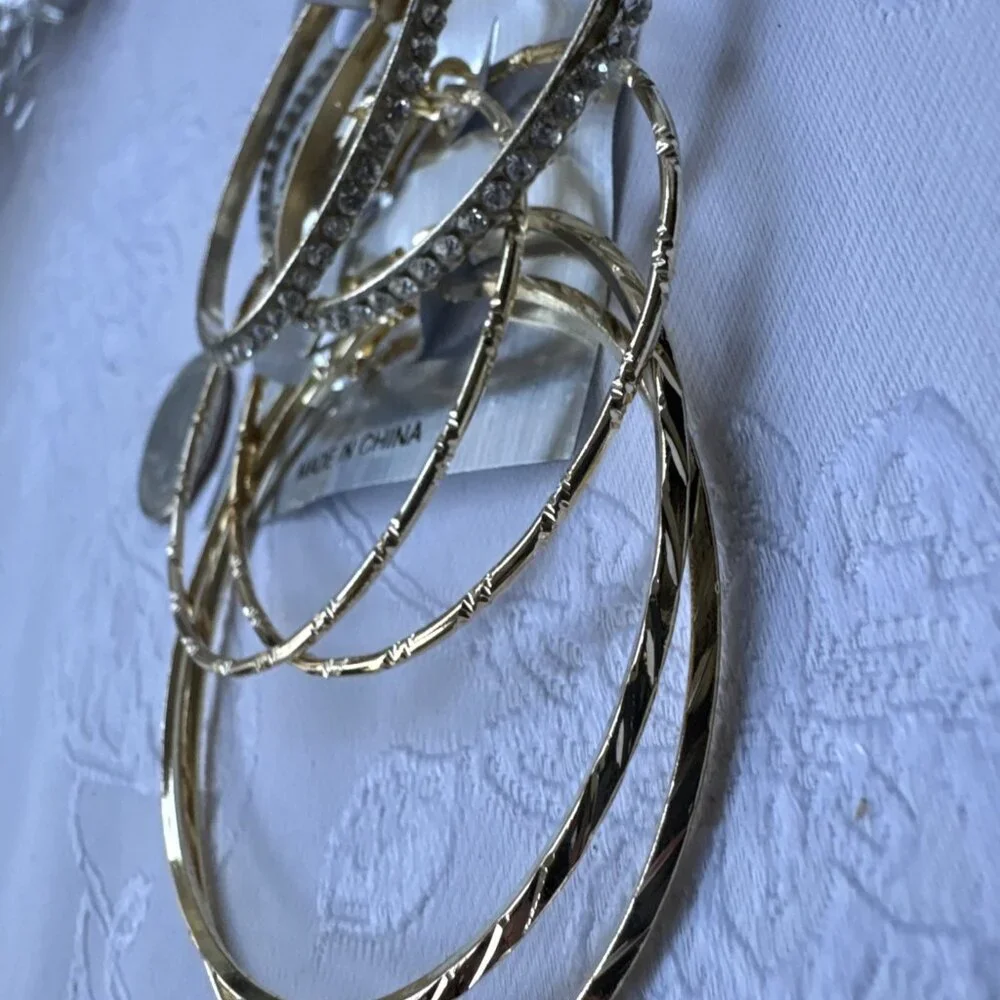 3 Sets Goldetone CZ Hoop 2 2.5 3 Inch Itched Lightweight Earrings NEW